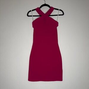 Babaton Sculpt Knit Fuchsia Criss Cross Halter Bodycon Mini Dress Size S